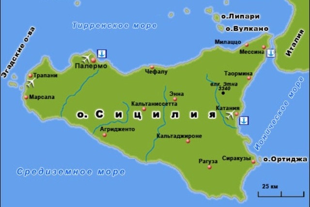 Карта острова Сицилия, Италия